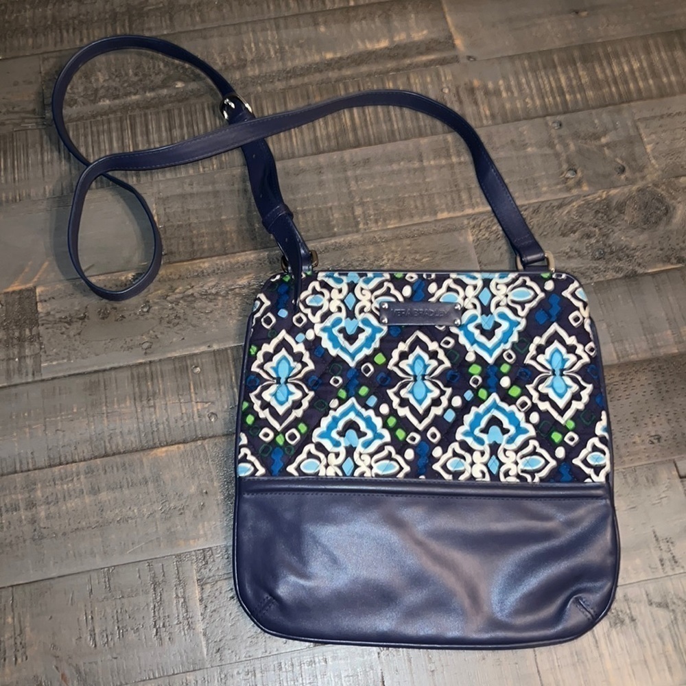 Vera Bradley Navy Ink Blue Faux Leather Crossbody Bag Impressionist Stripes